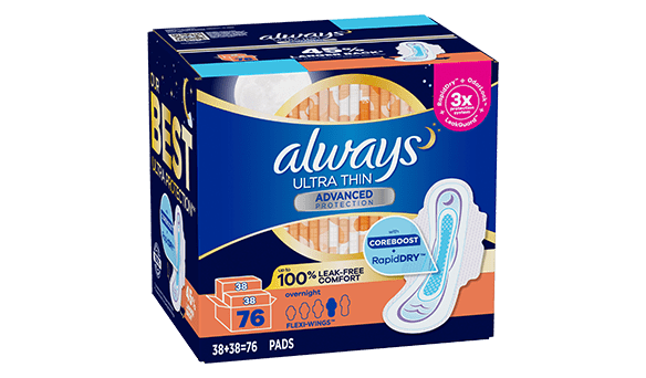 Always Ultra Thin Overnight Pads With Wings 76 count